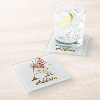Dessous-de-verre En Verre Boho Floral lettre A Monogramme Mariage Faveur
