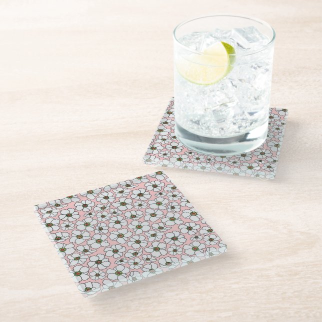 Dessous-de-verre En Verre Boho impression florale blanche sur fond rose  (Incliné)