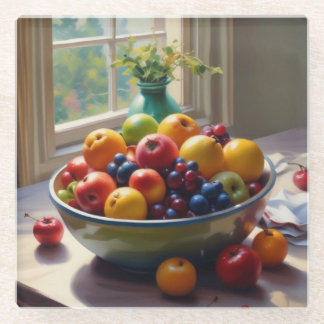 Dessous-de-verre En Verre Bol de fruit assis sur une table à l'huile