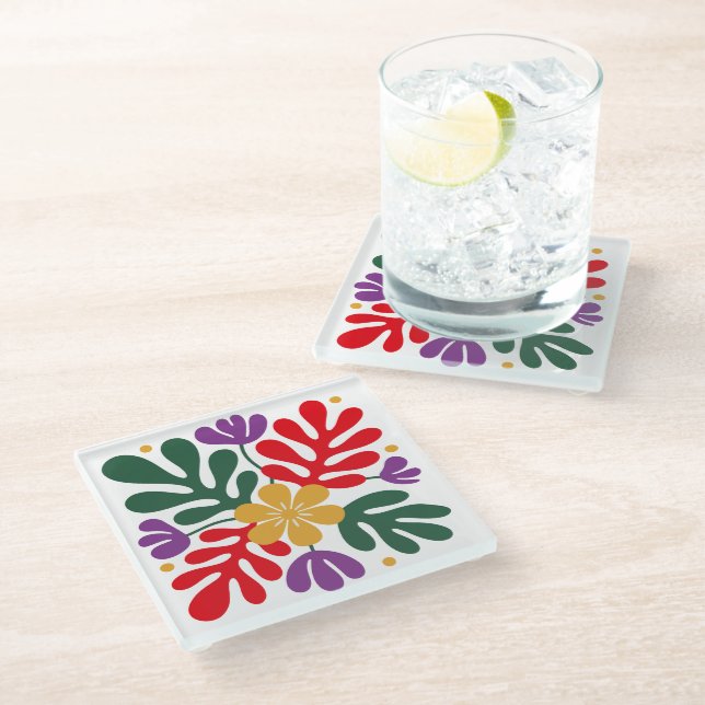 Dessous-de-verre En Verre Bold Abstract Coaster Floral Matisse Style (Incliné)