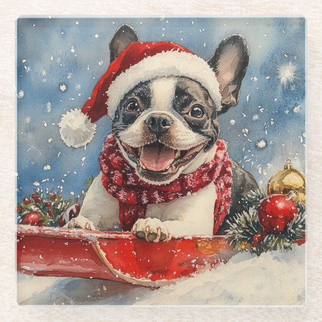 Dessous-de-verre En Verre Boston Terrier Dog in Sledge Let it Neige Noël (Devant)