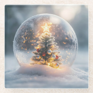 Dessous-de-verre En Verre Boule à neige magique de Noël avec arbre lumineux