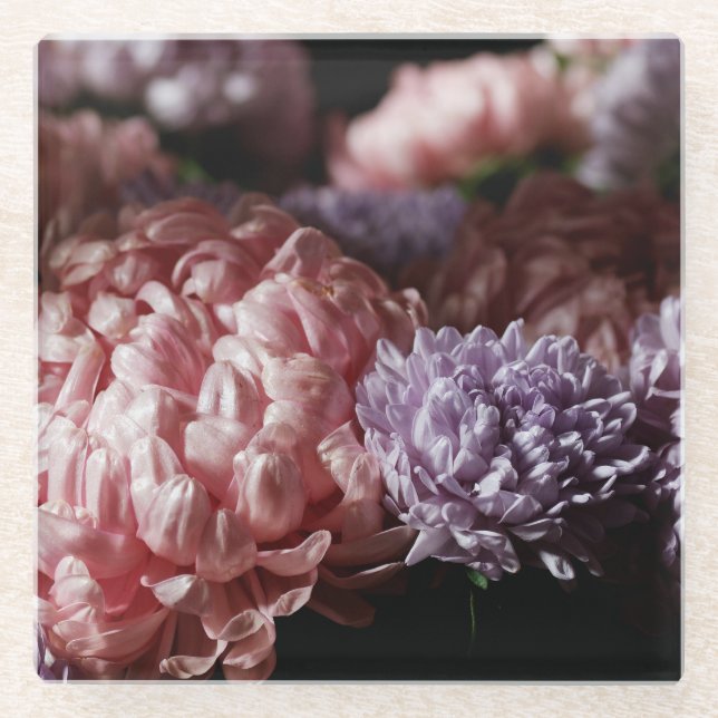 Dessous-de-verre En Verre Bouquet d'asters roses : Éclairage baroque. (Devant)