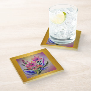 Dessous-de-verre En Verre Bouquet de fleurs à l'aquarelle, fond coloré   