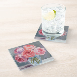 Dessous-de-verre En Verre Bouquet de pivoine rose peint à l'aquarelle floral