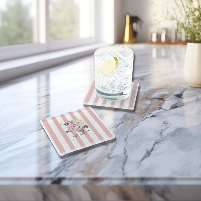 Dessous-de-verre En Verre Bouquet de roses rayées rose-chic du pays Monogram (Créateur téléchargé)