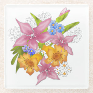 Dessous-de-verre En Verre Bouquet d'été fleurs florales rose jaune bl