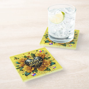 Dessous-de-verre En Verre Bouquet enchanteur de Roses d'or et de coeur