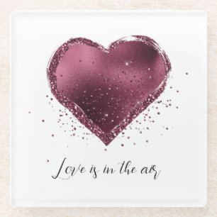 Dessous-de-verre En Verre Bourgogne Cerise Paillettes Étincelle Cœur Amour 