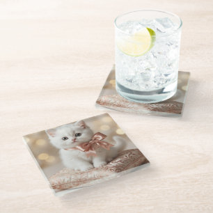 Dessous-de-verre En Verre Boutique Élégant Chaton Blanc