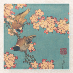 Dessous-de-verre En Verre Bouvreuil d'Hokusai et Cerisier Fleur Vintage Oise