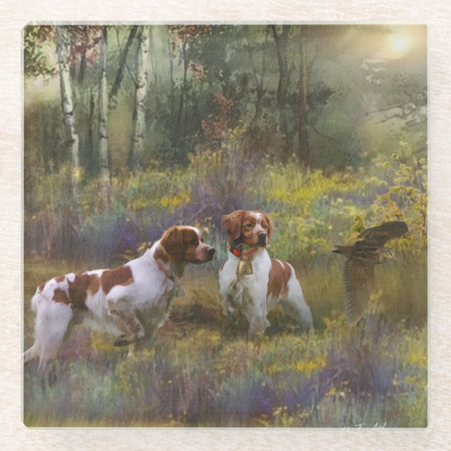 Dessous-de-verre En Verre Brittany Spaniels, Chasse en bois, Art (Devant)