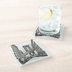 Dessous-de-verre En Verre Brooklyn Bridge New York Black White Illustration