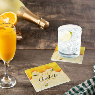 Dessous-de-verre En Verre Bumble abeilles miel nid d'abeille goutte de miel