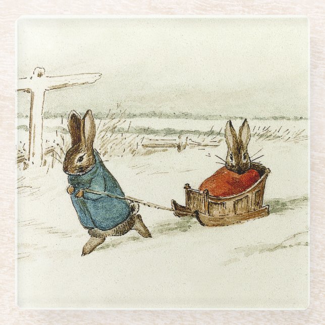 Dessous-de-verre En Verre "Bunny Sleigh Ride" par Beatrix Potter (Devant)