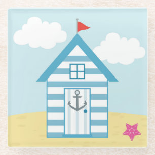 Dessous-de-verre En Verre Cabane de plage bleue et blanche