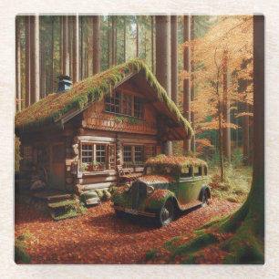 Dessous-de-verre En Verre Cabine dans la forêt avec une automobile antique