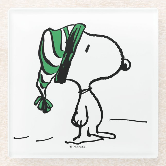 Dessous-de-verre En Verre cacahuètes | Snoopy Green Casquette de neige (Devant)