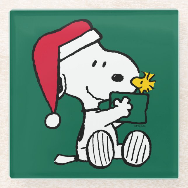 Dessous-de-verre En Verre cacahuètes | Snoopy Père Noël & Woodstock Cadeau (Devant)