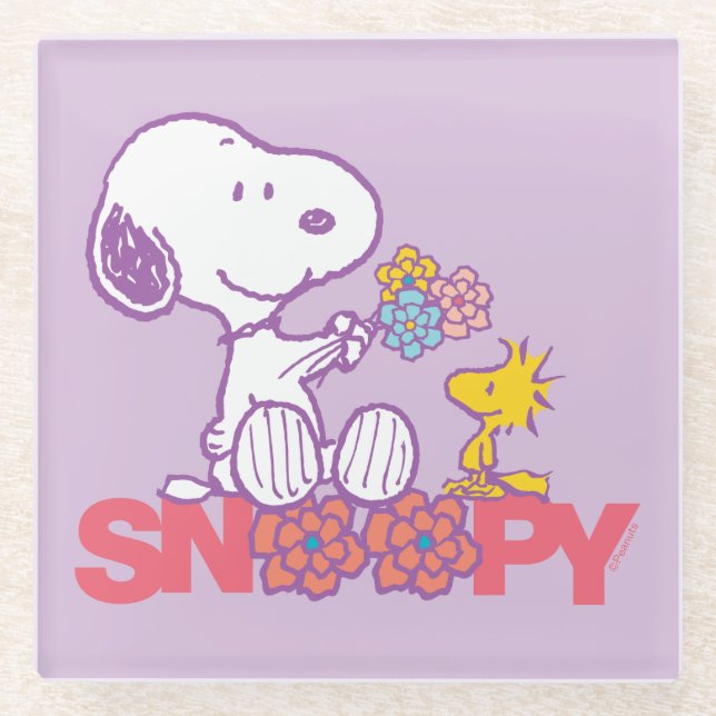 Dessous-de-verre En Verre cacahuètes | Snoopy & Woodstock Flowers (Devant)