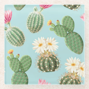 Dessous-de-verre En Verre Cactus, fleurs roses : décor clair