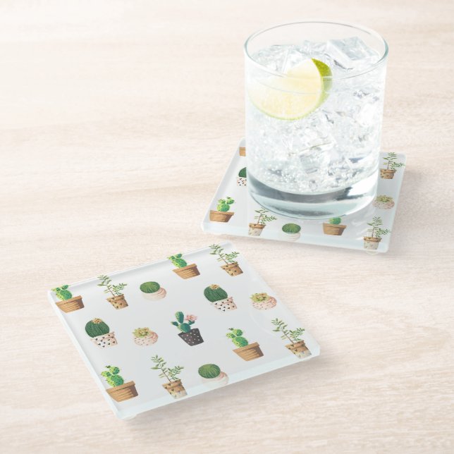 Dessous-de-verre En Verre Cactus Succulents de Dessert Vert dans les pots (Incliné)