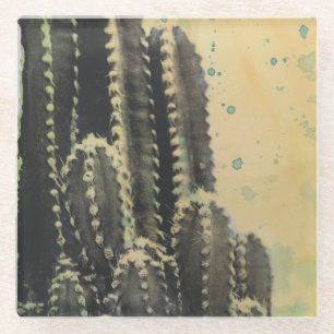 Dessous-de-verre En Verre Cactus verts sur Arrière - plan jaune