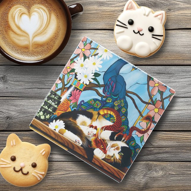 Dessous-de-verre En Verre Calico Cat Dragon Rouge (Créateur téléchargé)