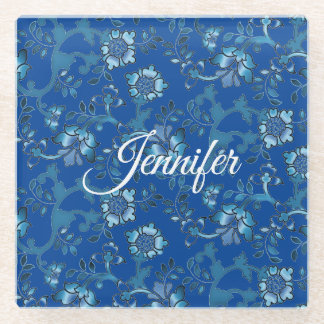 Dessous-de-verre En Verre Calligraphie Elégant bleu Floral Nom personnalisé