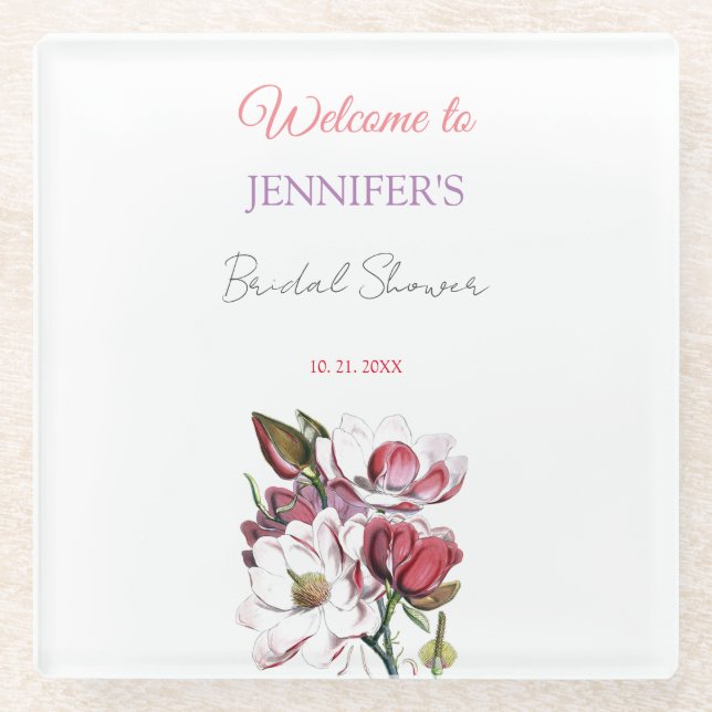 Dessous-de-verre En Verre Calligraphie Élégante Fleurs Bienvenue Shower de M (Devant)