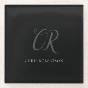 Dessous-de-verre En Verre Calligraphie Monogramme Nom Black Grey Cadeau pers