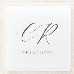 Dessous-de-verre En Verre Calligraphie Monogramme Nom Black White Cadeau per