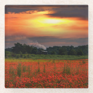 Dessous-de-verre En Verre Camion À Vapeur Et Champ De Pavot Sunrise