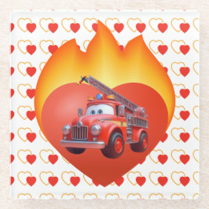 Dessous-de-verre En Verre Camion de pompiers mignon pour la Saint-Valentin