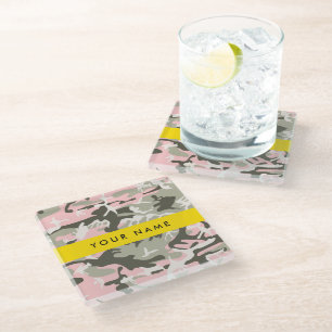 Dessous-de-verre En Verre Camouflage Rose et Vert Personnalisez Votre Nom