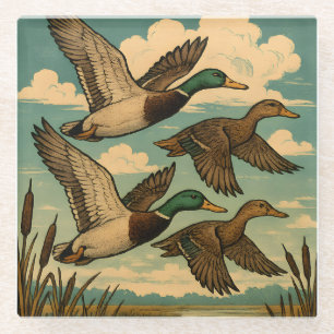 Dessous-de-verre En Verre Canards colverts en vol, art faunique