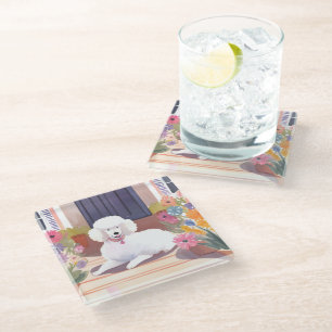 Dessous-de-verre En Verre Caniche Blanc   Fleurs Aquarelle Chien Animal Comp
