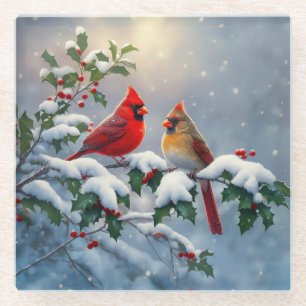 Dessous-de-verre En Verre Cardinaux rouges et houx dans la neige
