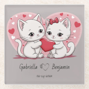 Dessous-de-verre En Verre Caricature mignonne Amoureux de les chats Coeurs S