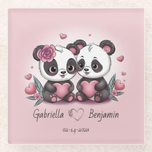 Dessous-de-verre En Verre Caricature mignonne Panda Les amoureux Coeurs Sain