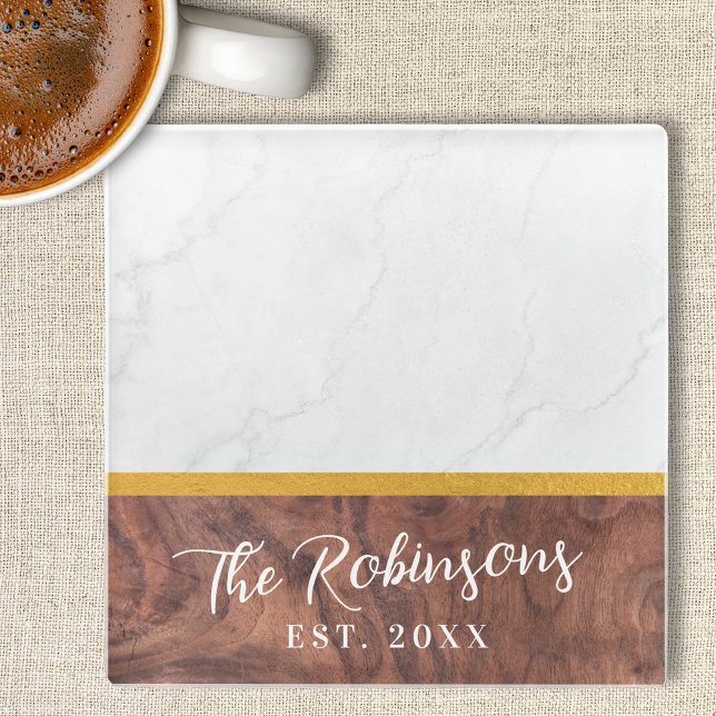Dessous-de-verre En Verre Carré personnalisé Marbre bois Nom Date Est (Personalized Square Glass Coasters | Marble Wood Gold Last Name Est Established Wedding Date Gift)