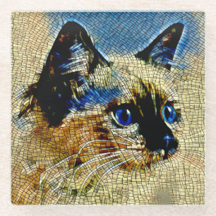Dessous-de-verre En Verre Carreaux de mosaïque de chats siamois bleu