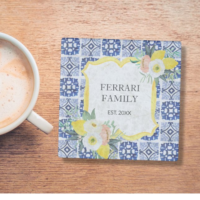 Dessous-de-verre En Verre Carreaux de motif italien méditerranéen au citron (In situ)