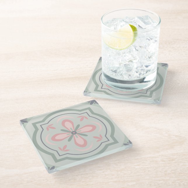 Dessous-de-verre En Verre Carreaux Floraux Pastel Verts (Incliné)