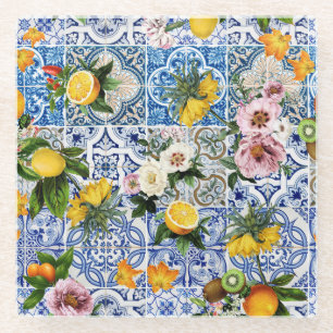 Dessous-de-verre En Verre Carrelage de style sicilien avec fleurs et citron