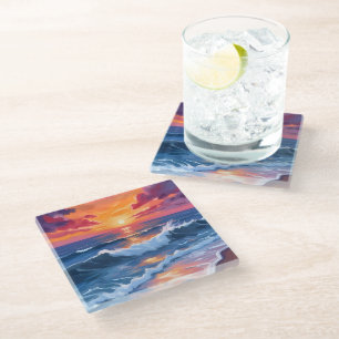 Dessous-de-verre En Verre Carte aquarelle des vagues de la plage au coucher 