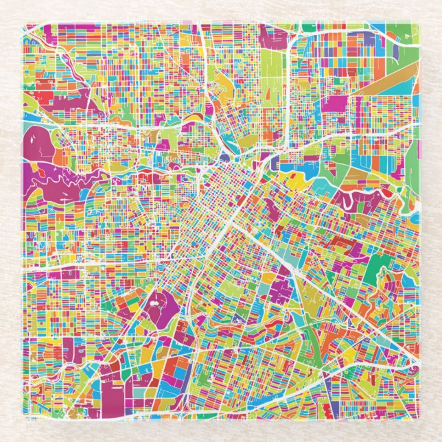 Dessous-de-verre En Verre Carte au néon de Houston, le Texas | (Devant)