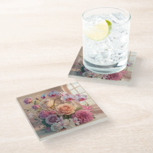Dessous-de-verre En Verre Carte de voeux Fleurs de Printemps 3D avec Roses