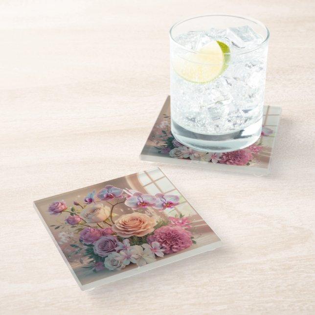 Dessous-de-verre En Verre Carte de voeux Fleurs de Printemps 3D avec Roses (Incliné)