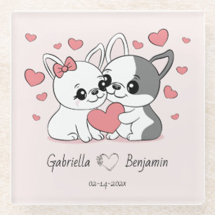 Dessous-de-verre En Verre Cartoon mignon Bulldog Les amoureux des coeurs Sai